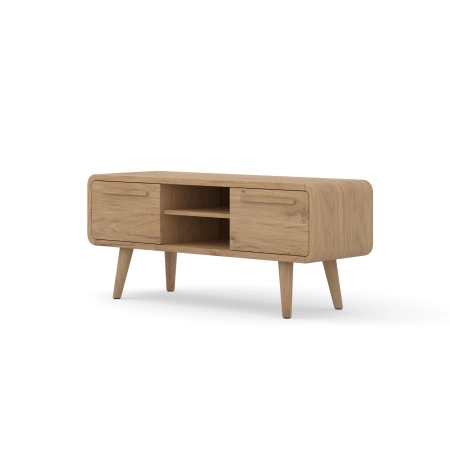 Szafka RTV z litego drewna 140 × 60 × 45 cm – 2 szafki i otwarte półki